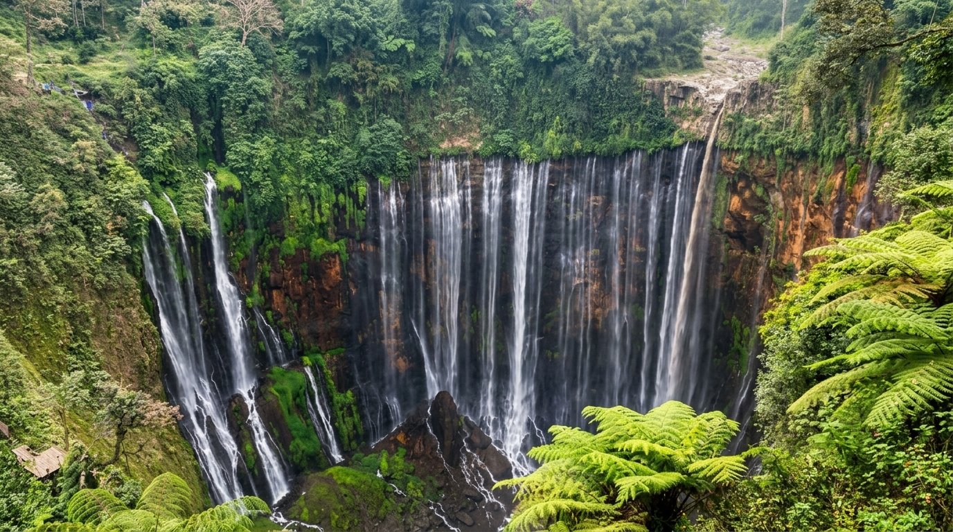 Water pours down in a wide, graceful curtain, earning it the nickname tiered waterfall.